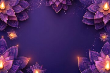 Poster - A dramatic setup of purple flowers and lit candles against a deep purple background, ideal for mysterious or romantic scenes