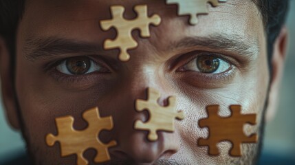 Poster - A person wearing a puzzle piece as part of their facial expression, conveying a sense of being 'one piece' away from completing a larger puzzle
