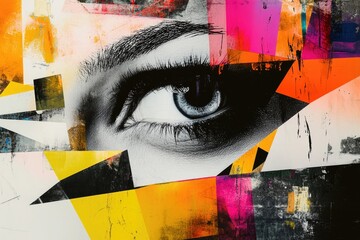 Poster - A close-up view of an eye with colorful squares, useful for digital art or graphic design