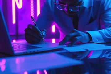 Aufkleber - A person writes notes by hand next to an open laptop, possibly referencing digital content or research