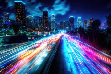 Aufkleber - A bustling metropolis at nighttime with many vehicles and people