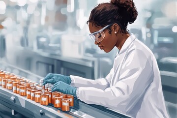Poster - A woman wearing a lab coat and goggles works on a conveyor belt, surrounded by machinery