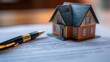 © wikkie - A miniature house on paperwork with a pen, symbolizing real estate or housing transactions.