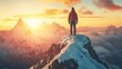 © KYR - A dramatic image of an adventurer standing atop a mountain peak, surrounded by snowy landscapes,