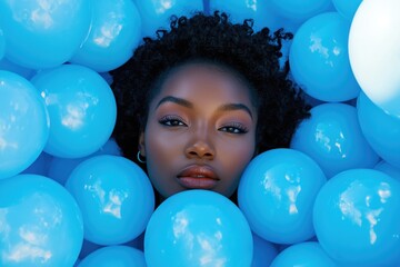 Poster - A woman surrounded by blue balloons