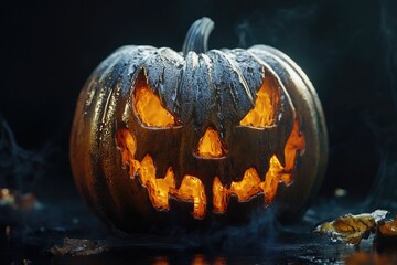 Poster - A jack-o-lantern with a glowing face on Halloween night