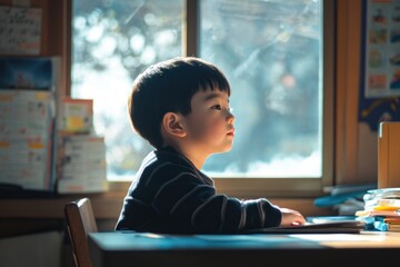 Poster - A young boy sits at a desk in front of a window, perhaps studying or doing homework