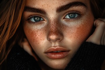 Poster - A close-up shot of a woman's face with distinctive freckles, suitable for use in beauty and personal care advertising or as a stock photo