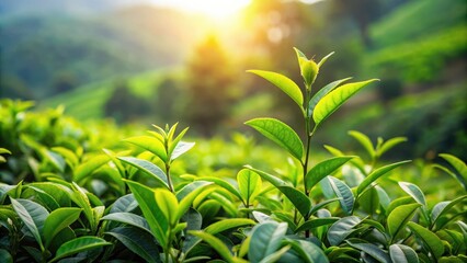 Aufkleber - Natural setting with camellia sinensis green tea plant surrounded by lush foliage