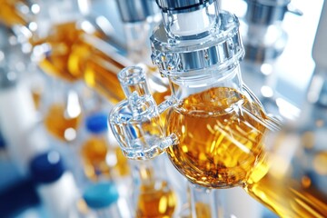 Poster - A close-up view of a bottle filled with a clear liquid, ideal for use in product or pharmaceutical illustrations