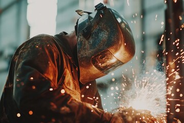 Poster - A person welding on a piece of metal, possibly in a workshop or factory setting