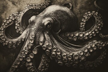 Poster - A black and white photo of an octopus up close, highlighting its unique features