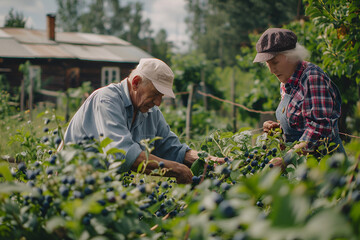 Elderly pensioners at their dacha are engaged in agricultural activities, harvest blueberries in the garden, realistic photo