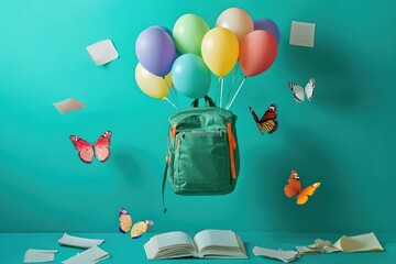 Poster - A person's backpack filled with colorful balloons is flying through the air, suspended by strings