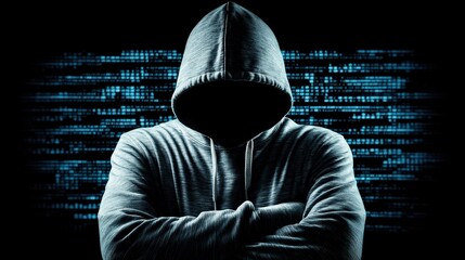 Poster - A hooded man is standing in front of a computer screen