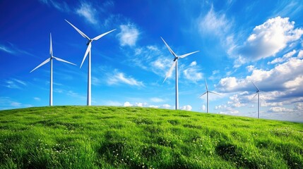 Poster - A serene landscape featuring a field of green grass and windmills in the distance, suitable for use in environmental or rural-themed projects