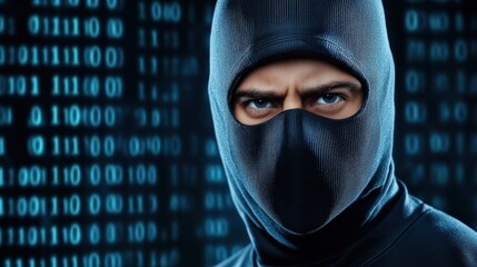 Poster - A man wearing a black mask with a blue stripe on it