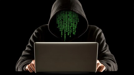 Poster - A man is sitting at a computer with a green screen on his face