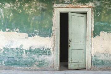 Poster - An open door in a neglected building, perfect for a scene of abandonment or decay