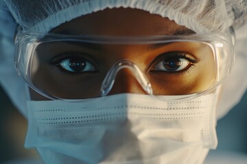 Poster - A close-up view of a person's face wearing a mask and goggles, ideal for representing anonymity or protection