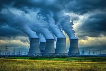 Poster - Industrial site with smoke stacks emerging from a lush green landscape