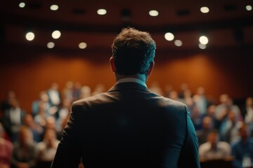 Wall Mural - Man in suit addressing a crowd outdoors, great for corporate or public speaking events