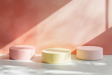 Canvas Print - Three colorful stools placed on a clean white surface, ideal for photography or interior design projects