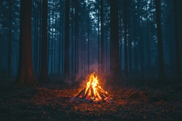 Poster - A campfire burning brightly in the middle of a dark forest at night