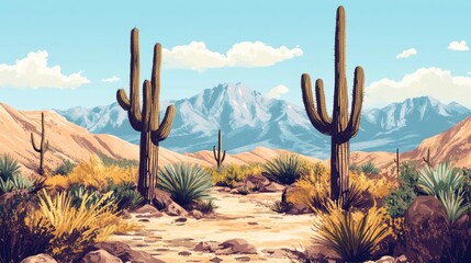 Poster - A scenic view of the desert with cacti and mountains in the background