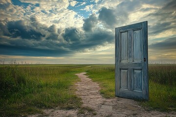 Poster - An open door on a dirt path leading to a grasy field, great for travel or adventure scene