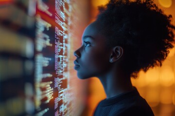 A woman stands in front of a computer screen with a focused expression, likely working or browsing