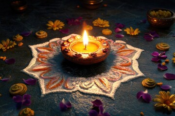 Poster - A lit candle surrounded by flowers and petals, perfect for romantic dinner or special occasion