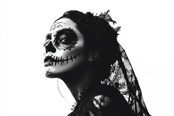 Poster - A woman wearing skull-inspired makeup and a veil, great for Halloween or horror-themed imagery
