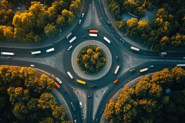 Wall Mural - Aerial view of a bustling city intersection with cars, buses, and urban landscape