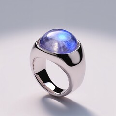 polished silver ring with moonstone centerpiece ethereal glow on plain white background