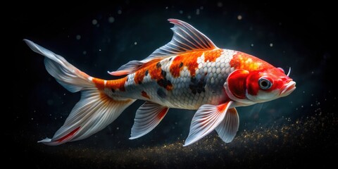 Poster - Majestic koi fish with vibrant red spots and dynamic fins in dark aquatic setting