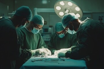 Wall Mural - Group of surgeons working together in an operating room, focused on patient care