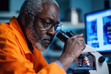 Wall Mural - A person wearing an orange jacket looks at a microscope, possibly conducting scientific research or observation