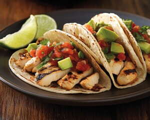 Delicious grilled chicken tacos with avocado, salsa, and lime on a dark wooden table.