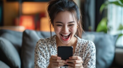 Poster - A woman is amused by what she's seeing on her cell phone