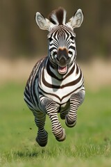 Poster - A zebra runs freely across a lush green field, perfect for wildlife or nature-themed projects