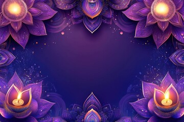 Wall Mural - A decorative purple frame holds a lit candle amidst a bouquet of purple flowers