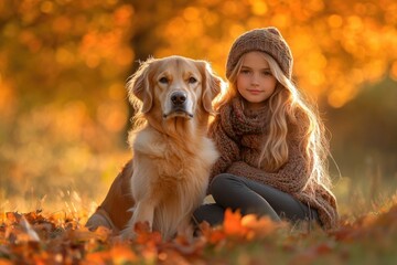 Poster - A young girl sits with her dog surrounded by autumn leaves