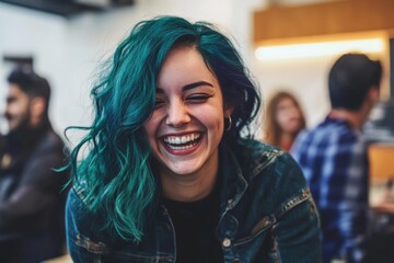 Wall Mural - A young woman with bright green hair smiling directly at the camera, capturing a moment of joy and positivity