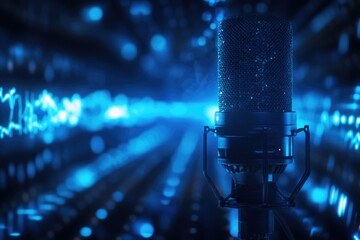 Poster - A close-up shot of a microphone placed in front of a blue background, ideal for use in presentations or as a decorative element