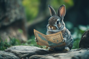 Poster - A rabbit sitting on a rock studying a map