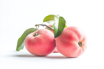 Poster - Fresh pink apples with green leaves on a white background