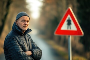 Aufkleber - A person standing next to a road sign with directions and information