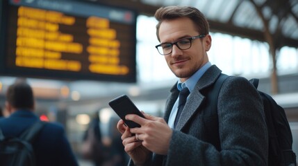 Poster - A businessman looking at his mobile phone on the go