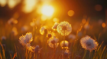 Poster - A serene scene of a grassy field with the sun setting in the background, great for nature or outdoor themed projects
